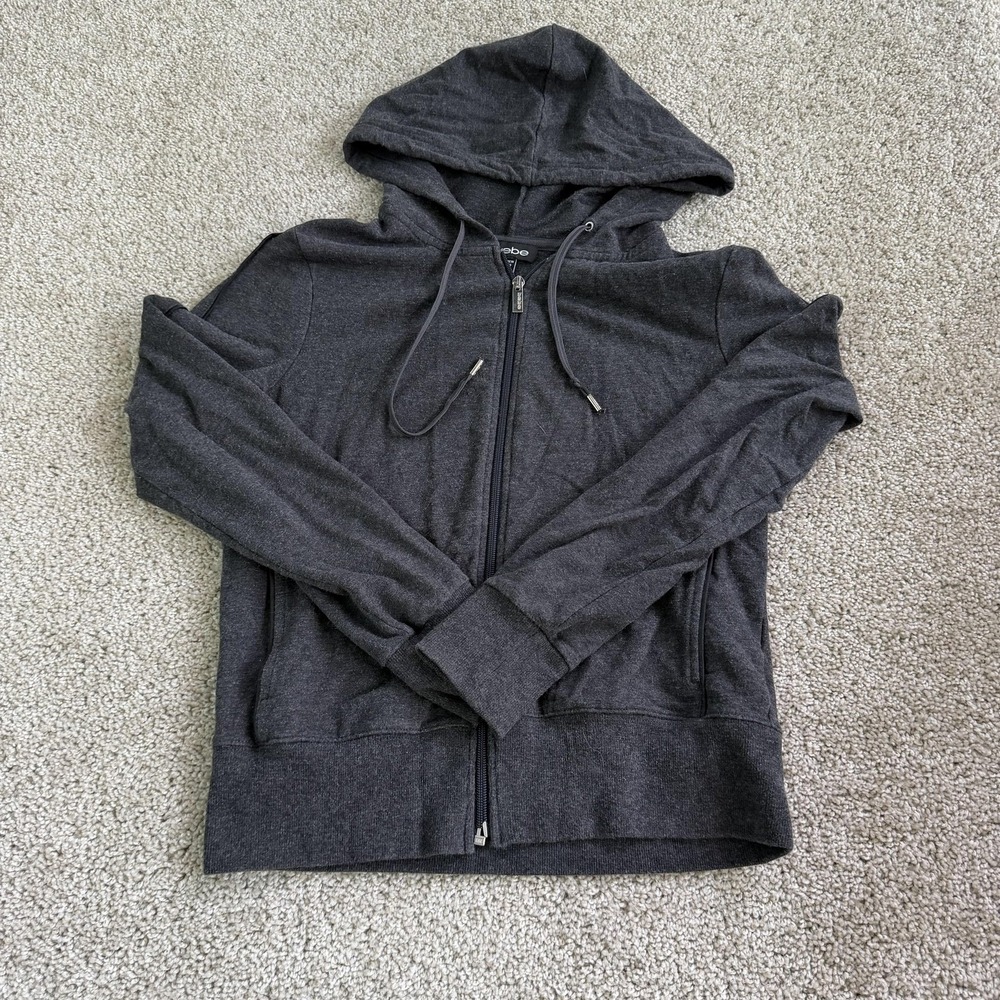 Bebe Hoodie Womens Large Gray Fleece Full Zip Charcoal Solid Sweatshirt Jacket